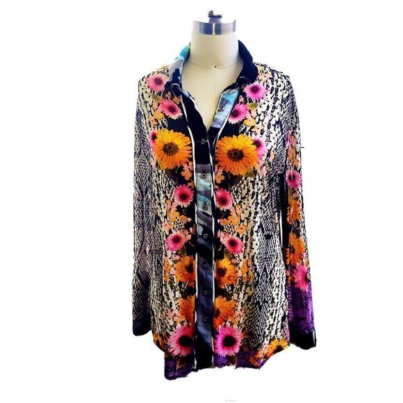 Mesmerize sheer floral snakeskin design longsleeve button front shirt top blouse - Picture 1 of 6